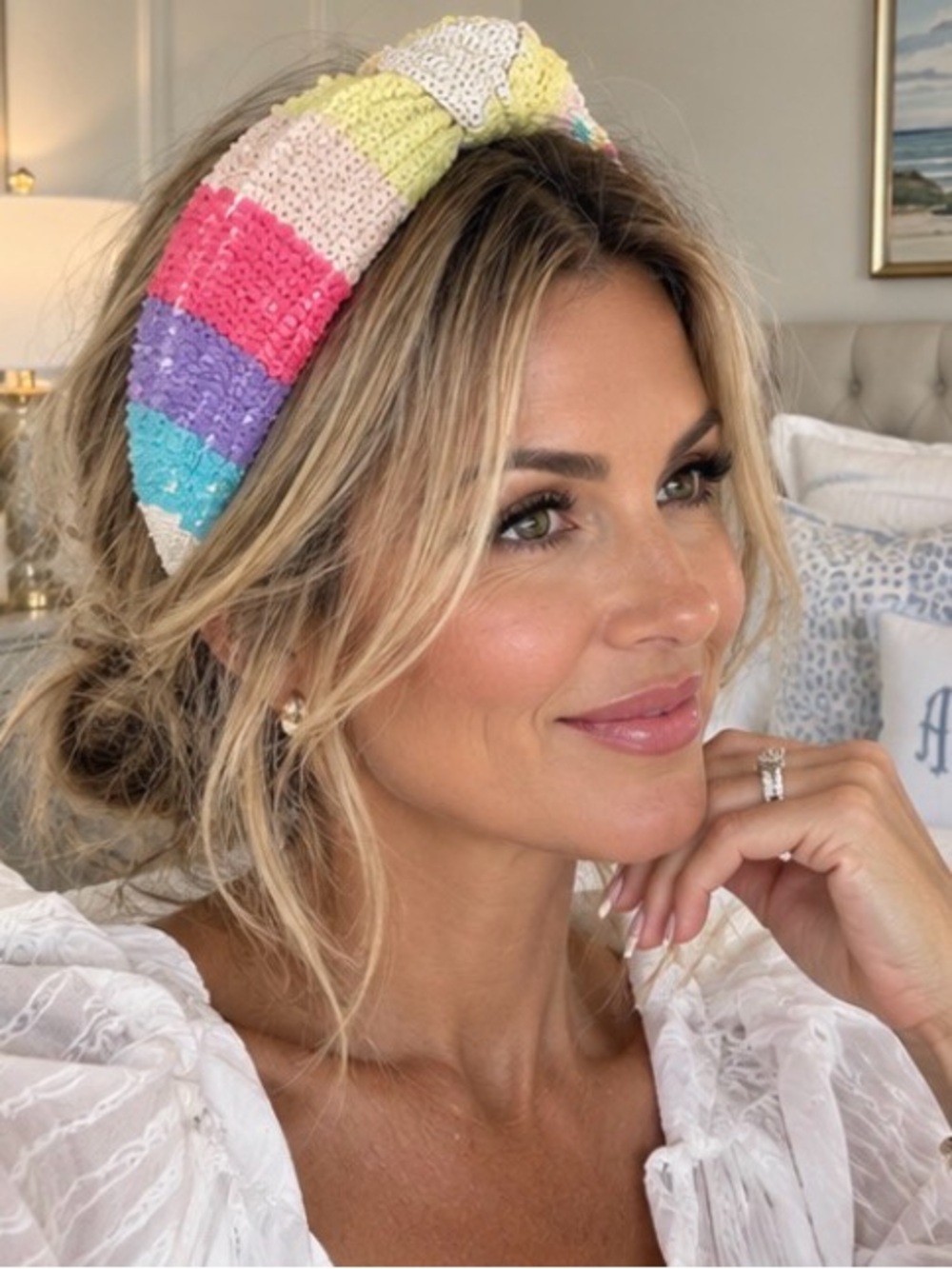 Brianna Cannon Rainbow Sequin Knot Headband Multicolor Resort Glam Statement